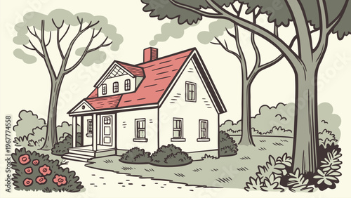 Classic farmhouse with garden and trees in countryside setting. Rural home landscape illustration ideal for agriculture, village lifestyle themes, and rustic backgrounds.