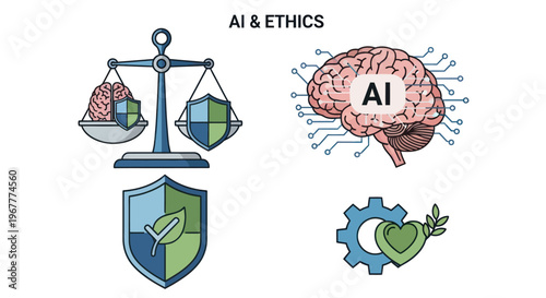 AI and Ethics Concept: Brain, Scales of Justice, Shield, Heart, Gear, White Background