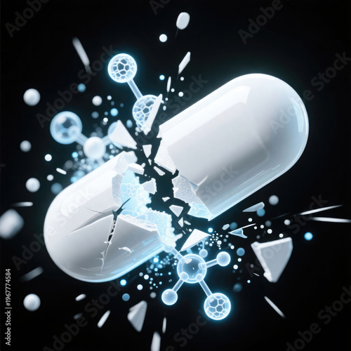 White capsule breaking apart with molecular structures and particles dispersing against a black background, representing pharmaceutical or scientific concepts