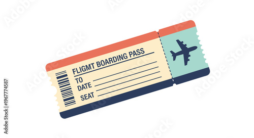 Flight boarding pass with airplane icon, travel concept, isolated on white background