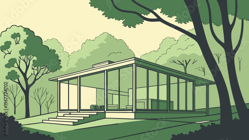 Modern house in peaceful forest with green trees and minimal scenery. Architectural nature illustration ideal for real estate, eco living concepts, and background designs.