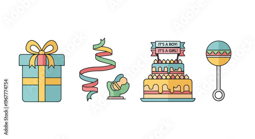 Baby Shower Icons: Gift, Ribbon, Cake, Rattle - It's a Boy/Girl Celebration