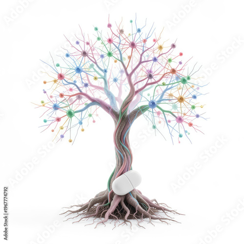 Abstract illustration of a colorful tree with interconnected branches and roots, featuring vibrant nodes and a white capsule at the base, symbolizing growth and knowledge