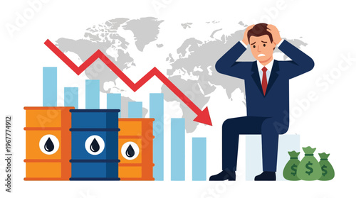 Stressed Businessman Watching Falling Oil Prices and Global Market Crash Graph with Oil Barrels and World Map