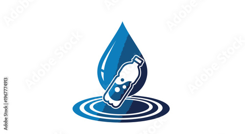 Water Drop Icon with Plastic Bottle and Ripples - Hydration, Refreshment, Purity