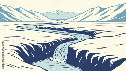 Winter landscape with snowy mountains and flowing river in minimal style. Scenic nature illustration perfect for cold season backgrounds, travel posters, and outdoor design.