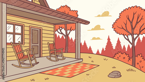Small traditional store building with warm autumn scenery. Vintage street landscape illustration ideal for local business branding, travel themes, and retro background design.