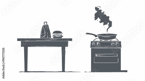 silhueta de fogao com frigideira e pacote de entrega comida isolado fundo branco conceito delivery cozinha minimalista
