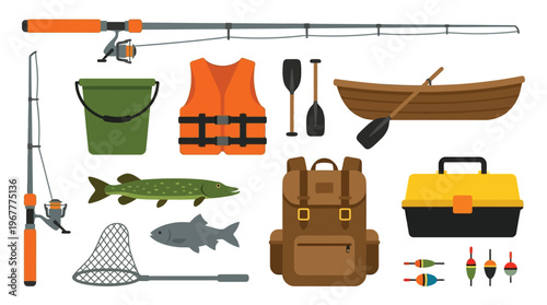 Professional Fishing Gear and Equipment Vector Set for Outdoor Sport Recreation and Hobby Marketing