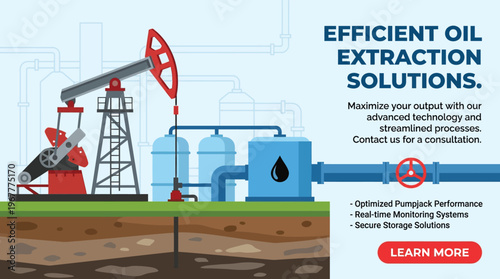 Industrial Vector Banner for Oil and Gas Extraction Technology and Energy Production Services in Flat Illustration Style