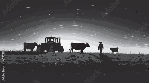 silhueta de agricultor no campo com gado e maquina agricola conceito vida rural agro pecuaria minimalista