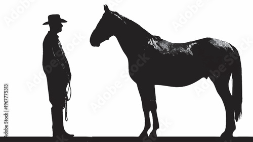 silhueta de homem do campo com cavalo isolado fundo branco conceito rural agro minimalista