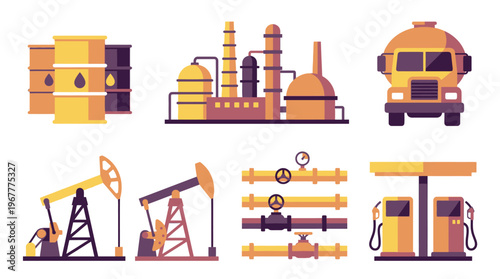 Modern oil and gas industry flat vector icon set for energy production refinery fuel transportation oil pump jacks and gas station