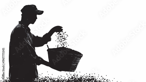 silhueta de agricultor com cesto de graos recem colhidos isolado sobre fundo branco conceito agricultura colheita producao rural