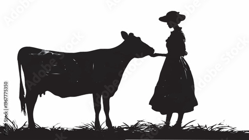 silhueta de mulher do campo com vaca isolado fundo branco conceito agro rural minimalista