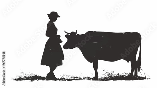 silhueta de mulher do campo com touro isolado sobre fundo branco conceito pecuaria vida rural forca e conexao com natureza