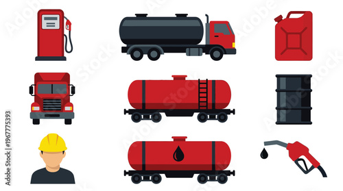 Oil Industry and Petroleum Logistics Vector Icon Set with Tanker Trucks Gas Pump Barrel and Rail Tanker for Energy Marketing