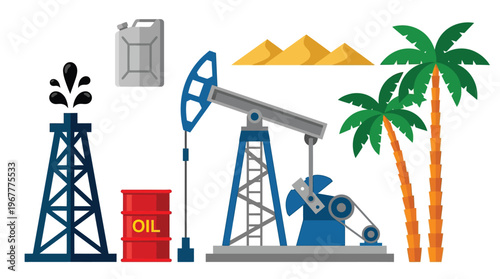 Oil industry vector icons set featuring pump jack derrick barrel and desert landscape for energy production and petroleum business concept