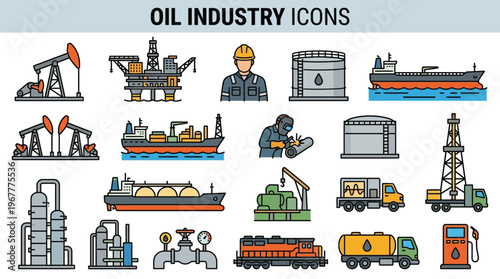 Oil Industry Icon Set featuring Petroleum Extraction Refining and Transport Equipment for Energy Sector Industrial Marketing and Infographics