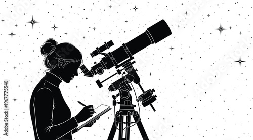 Astronomer observing night sky with telescope, stargazing scientist silhouette, space exploration concept, astronomy research illustration, stars background, scientific discovery, black and white 