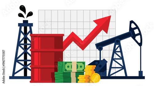 Global Oil Industry Price Increase and Economic Growth Concept with Barrel Money and Rising Arrow Illustration