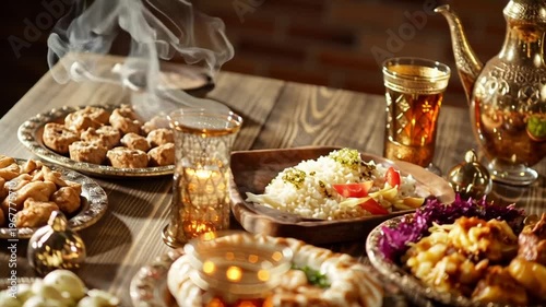 Middle Eastern food and drink spread.