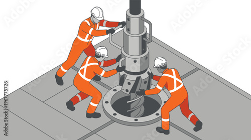 Isometric Illustration of Industrial Workers Operating Heavy Oil Rig Drilling Equipment for Energy Production