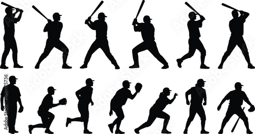 Baseball player silhouettes collection featuring batters hitting, pitchers throwing, catchers squatting, and athletes running in action poses on white background.