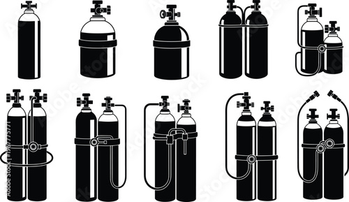 Gas cylinders and oxygen tanks icon set, industrial and medical equipment collection, compressed air containers, safety storage illustration, engineering tools, black and white vector design