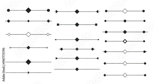 Set of decorative dividers with diamond shapes, vector design elements for text separation isolated on transparent background