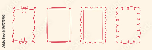 Border frame hand drawn line set. Hand drawn border frame line ribbon bow ornament vintage wedding card. Cute romantic valentine invitation decoration elegant poster design. Vector illustration