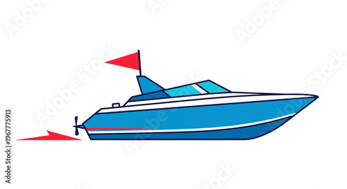 Blue Motorboat with Red Flag Speeding Through Water