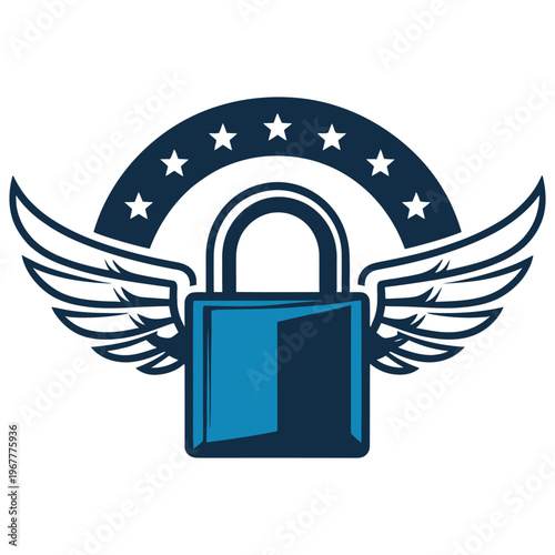 Secure and protected digital data symbolized by a lock with wings and stars.