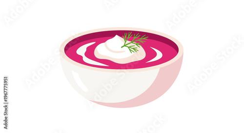Borscht Soup Bowl with Sour Cream and Dill - Flat Vector Illustration