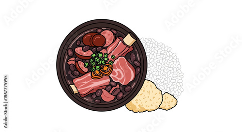 Brazilian Feijoada Dish with Rice and Farofa - Top View Illustration