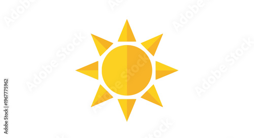 Bright Yellow Sun Icon with Rays, Flat Design, White Background