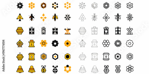 Collection of diverse bee and honeycomb related line art icons