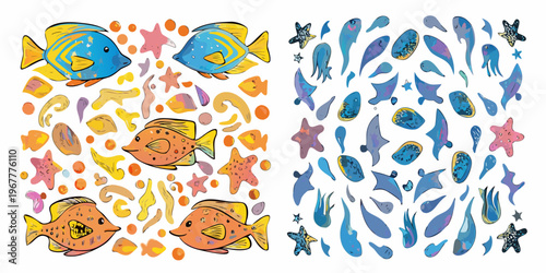 Colorful watercolor illustration of various fish and marine life