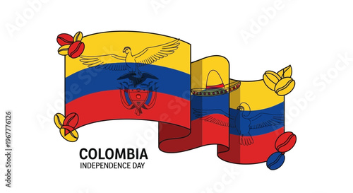 Colombia Independence Day Flag Waving with Coffee Beans and National Emblem