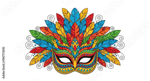 Colorful Carnival Masquerade Mask with Feathers and Swirls