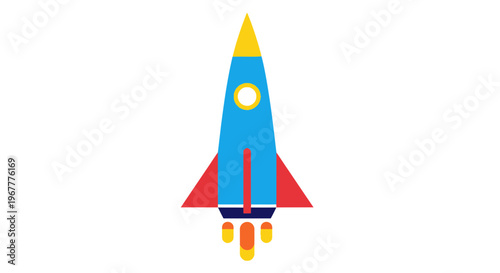 Colorful cartoon rocket blasting off with flames, isolated on white background.
