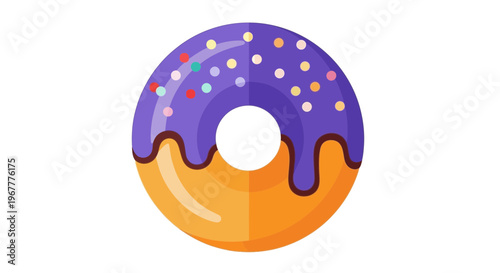Colorful Donut with Purple Icing and Sprinkles, Isolated on White Background