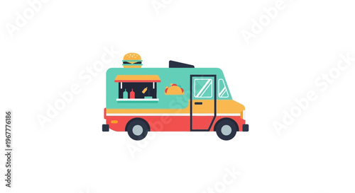 Colorful Food Truck with Burger and Tacos, Street Food Service