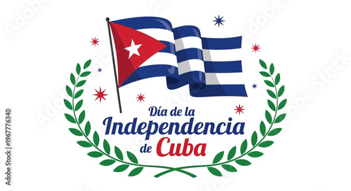 Cuba Independence Day Flag Waving Laurel Wreath Celebration
