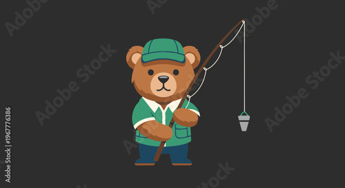 Cute cartoon bear fisherman wearing hat and shirt, holding fishing rod with bait