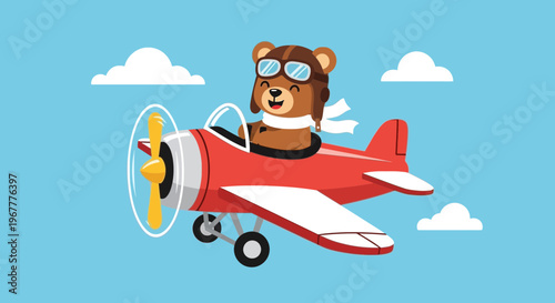 Cute cartoon bear pilot flying a red airplane