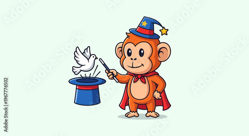 Cute cartoon monkey magician with magic wand, hat and flying dove
