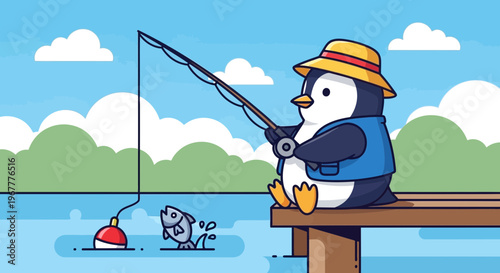 Cute cartoon penguin fishing on a wooden pier with a fish jumping for bait