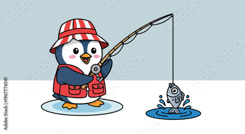 Cute cartoon penguin fishing with rod and reel, catching a fish.