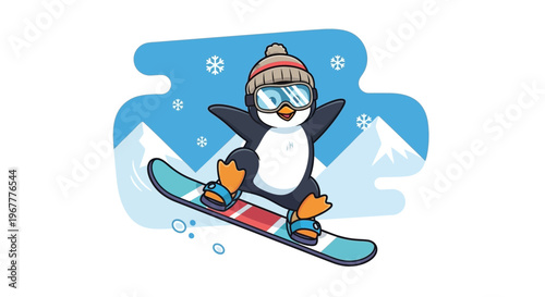 Cute cartoon penguin snowboarding down a snowy mountain, winter fun, vector illustration